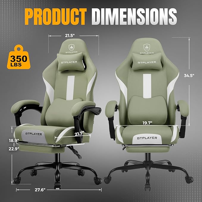 GTPLAYER Gaming Chair with Foot Rest &amp Pocket Spring Cushion Breathable Fabric for Home Office Desk Ergonomic High Back Computer Chair with Headrest &amp Lumbar Support Green