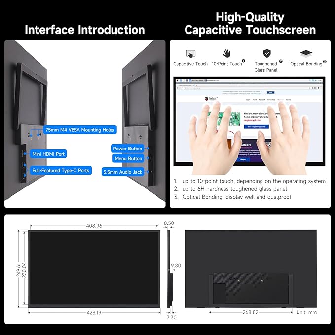 Waveshare Luckfox 18.5inch Touch Monitor with Stand Compatible with Raspberry Pi/Jetson Nano and PC 1920 × 1080 120Hz Refresh Rate Mini HDMI/Type-C Display Ports IPS Screen 10-Point Touch