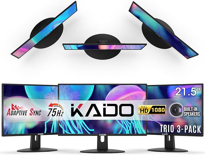Kado Triple Monitor Setup - 3-Pack 22 1920x1080 Computer Monitor 75Hz VESA Mount HDMI Office Gaming Hybrid Sim Racing Built-in Speakers (E22X Trio Series)