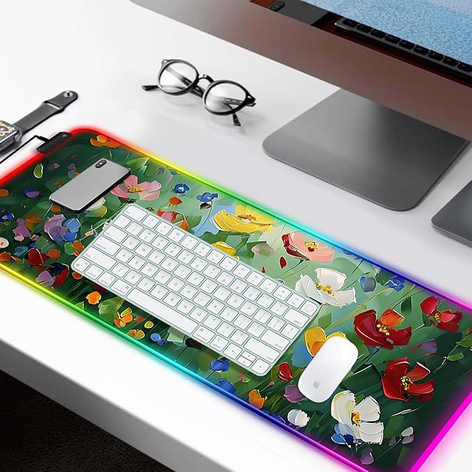RGB Abstract Green Wildflower Gaming Desk Mat Computer Keyboard Large Extended Long Floral LED Mouse Pad for Office and Home XL (W23)