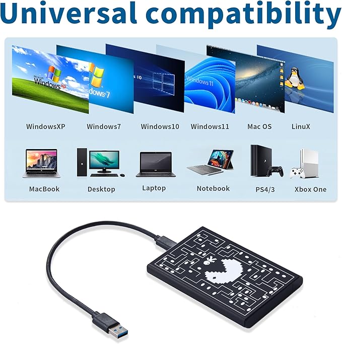 Plicnla Portable External Hard Drive 500GBUSB 3.0 USB-C Storage Expansion for PC Mac Desktop Laptop PS4/5 Xbox One X/S Xbox 360 (Pacman)