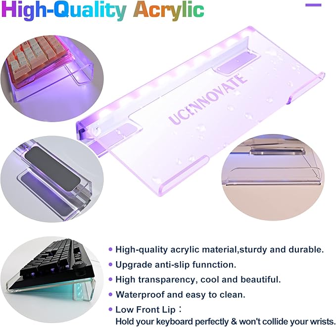 UCINNOVATE RGB Acrylic Computer Keyboard Stand Mini LED Backlit Tray 60% Gaming USB Interface Tilted for Easy Ergonomic Typing and Working Office Desk Home