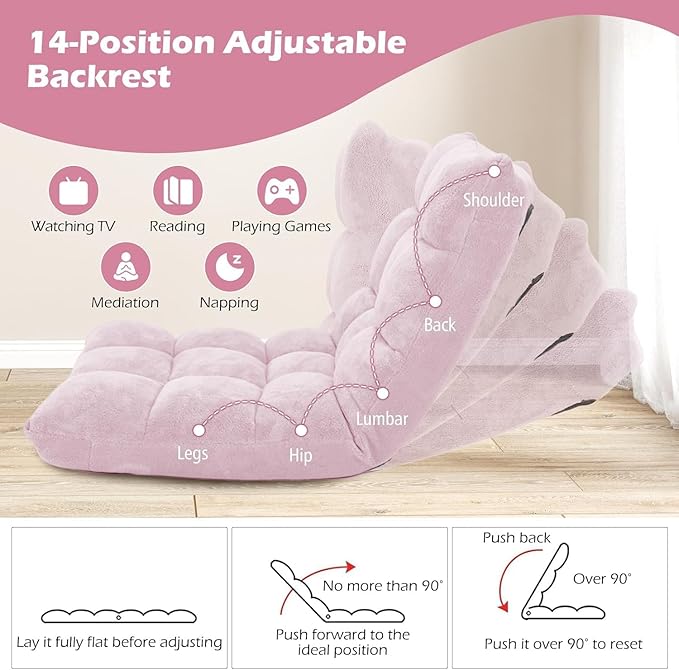 KOMFOTT 14-Position Adjustable Floor Chair with Back Support - Folding Padded Gaming Sofa Chair for Reading Meditation Living Room Lazy Lounge Video Gaming - Light Pink