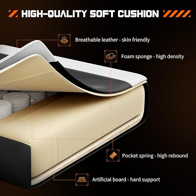 Video Game Desk Chair Ergonomic Computer with Footrest and Comfy Lumbar Support PU Leather Recliner with Headrest Fixed Up Armrest Height Adjustable with 360° Swivel for Adults White
