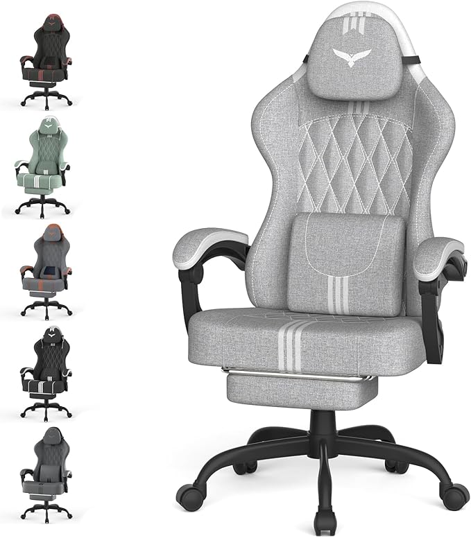 Ferghana Cotton Fabric Gaming Chair with Wider Seat Cushion Diamond Double-Stitching Ergonomic High Back Game Chair with Footrest Computer Chair with Massage Lumbar Support for Adult Gray/White