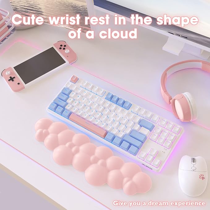 ATTACK SHARK Cloud Mouse Pad Wrist Support and Keyboard Wrist RestErgonomic Design for Typing Pain ReliefMemory Foam Wrist Rest Leather Cup CoasterLightweight Desk Gel Hand Wrist Rests(Pink)
