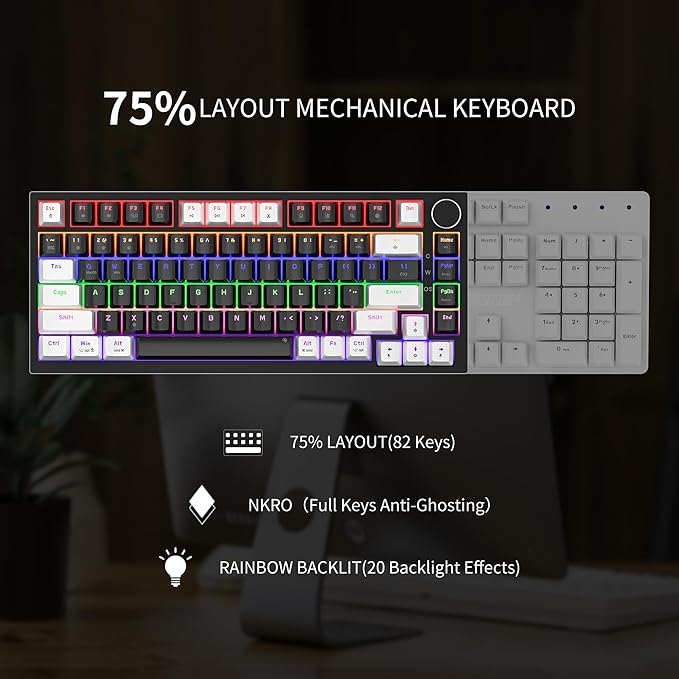 Newmen GM326 Wired Mechanical Keyboard75% Percent Mini Backlit Hot Swappable Gaming Mechanical Keyboard with Knob82 Keys Anti-Ghosting Compact Gaming Keyboards for PC Win MacWhite/BlackRed Switch