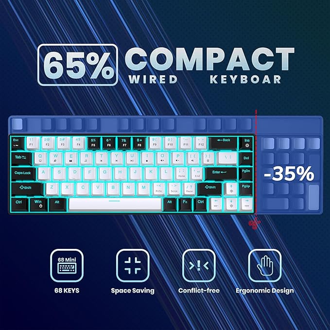 Yoidesu LED Backlit Mechanical Gaming Keyboard 68 Key RGB Mechanical Keyboard with 5.7ft Detachable Cable for OS X Linux System (Black and White)