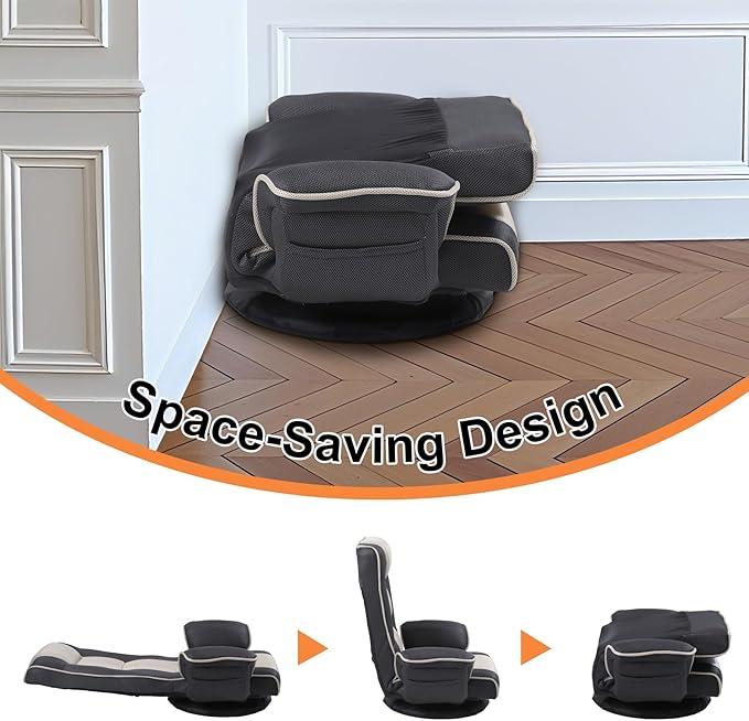 Linen Fabric Ergonomic Gaming Chair 6-Position Reclining Sofa Bed with Lumbar Support Foldable Floor Lounger with Thick Cushion Armrests &amp Side Pockets for Esports Reading Napping (Grey + Bei