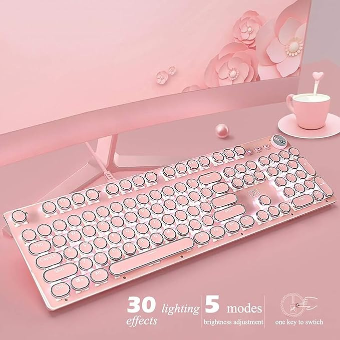 Basaltech Mechanical Gaming Keyboard and Mouse Combo Retro Steampunk Vintage Typewriter-Style Keyboard with LED Backlit 104-Key Anti-Ghosting Blue Switch Wired USB Metal Panel Round Keycaps Pink