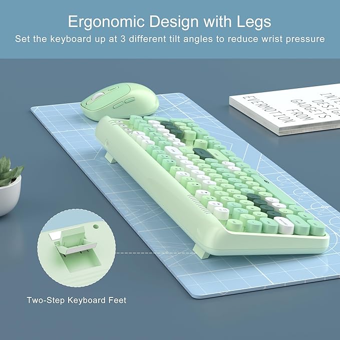 MageGee V920 Wireless Keyboard and Mouse Combo 2.4G Full-Sized Retro Typewriter Keyboard with Round Keycaps &amp Auto-Sleep Mode Cute Computer Keyboard and Cordless Optical Mouse for Laptop/PC (Gre