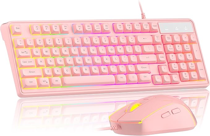 Pink Creamy Keyboard and Mouse ComboMageGee GK980 Wired RGB Backlit Keyboard and Pink Gaming Mouse ComboPC Keyboard and Adjustable Sensitivity Mouse for PC/loptop/MAC