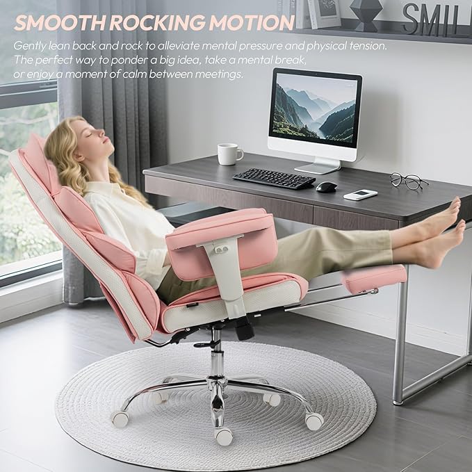 Dowinx Big and Tall Office Chair with Pocket Springs CushionHigh Back Computer Gaming Chairs with Adjustable ArmrestsExecutive Desk Chairs with Lumbar Support and FootrestPU Leather-Pink