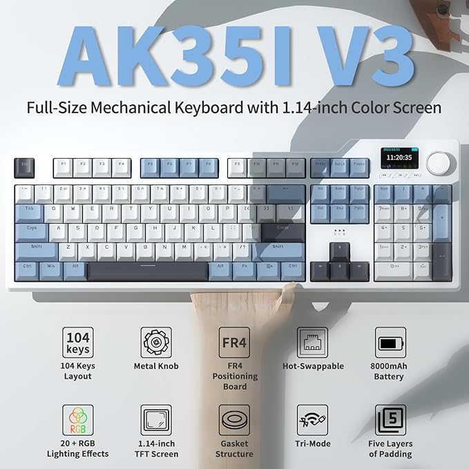 DAIDAI×AJAZZ AK35I V3 Full Size Hot Swap Mechanical Gaming Keyboard with Screen &amp Knob 2.4G/BT/USB-C Gasket Keyboard FR4 Plate 8000mAh Battery South Facing LED RGB (Avocado Axis)
