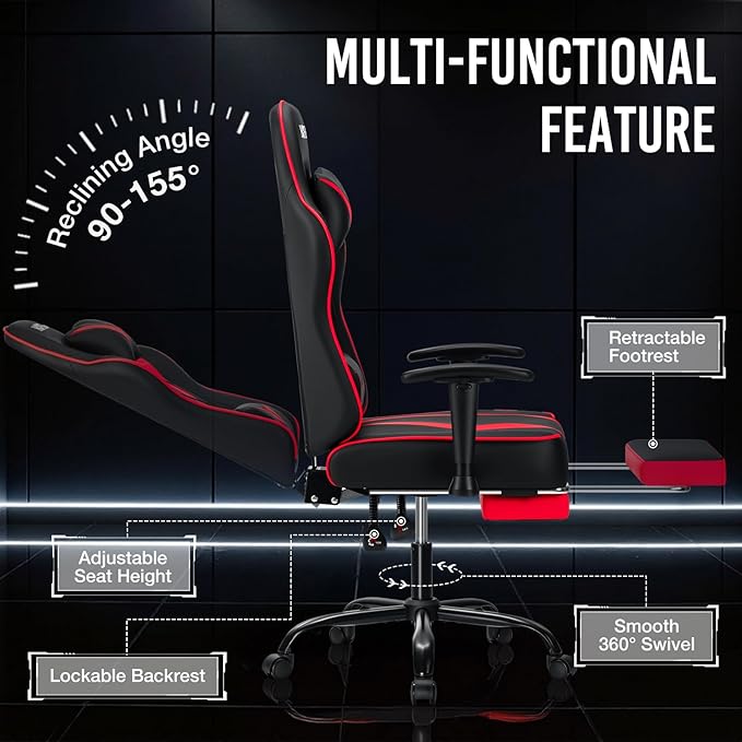 Gaming Chair with Massage Pocket Spring Cushion 155° Reclining Gaming Chair with Footrest and Adjustable Armrests Ergonomic Video Game Chairs Red and Black
