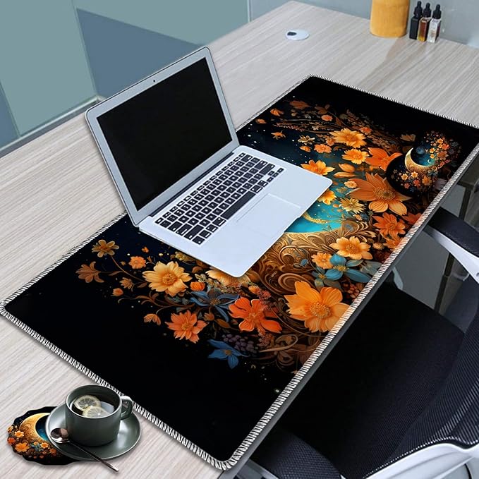 Large Game Mouse Pad + Wrist Support Pad + Coffee Coaster Desk Pad with Sewn Edges Anti-Slip Set pad Suitable for Office Work and Home - Flowers Moon Star