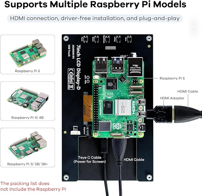 7 Inches Touchscreen IPS LCD Display Panel 1024×600 HDMI Capacitive Touch Screen for Raspberry Pi5/Pi4/Pi3/ZERO 2W BB Black Windows