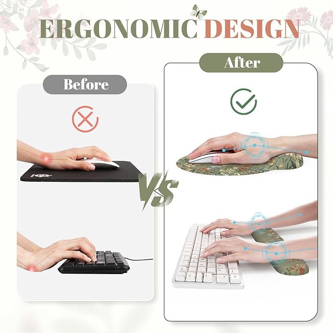 iCasso Desk Mat SetLarge Mouse Pad with Wrist RestErgonomic Keyboard Wrist Support for WomenGirly Floral Computer Mat with Scalloped EdgesNon-Slip Desk Pad Home Office Gaming (Green)