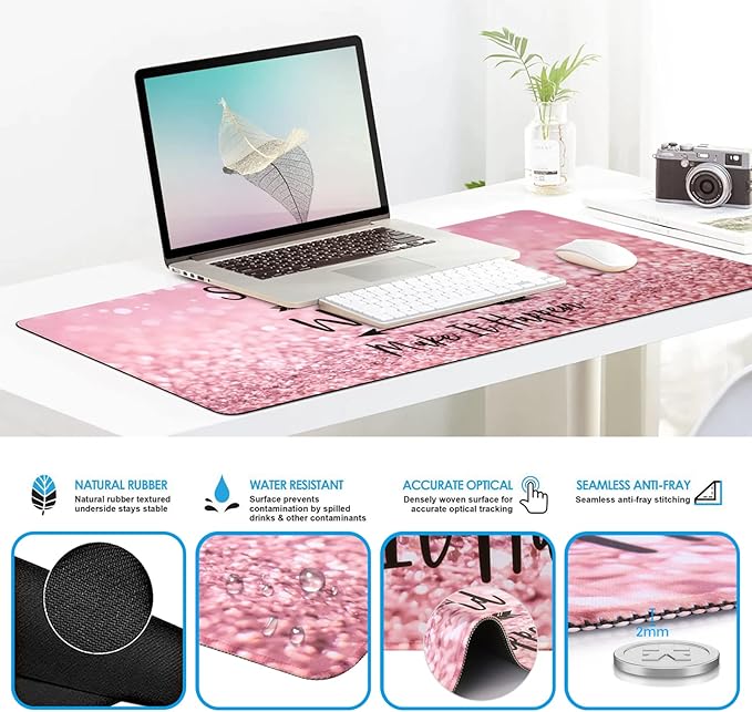 iCasso Mouse PadLarge Pink Desk Mat Set 4in1 XXL Mousepad + Keyboard Wrist Rest+Mouse Wrist Rest+Coaster with Ergonomic Desk Pad for Home Office Table Computer Cover -Pink Stay Positive