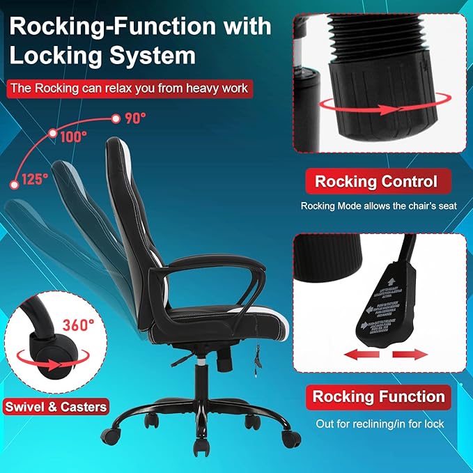 Gaming Chair with Massage Function PU Leather Chairs Ergonomic Office Chair Executive Computer Chairs High Back Computer Task with Lumbar Support Adjustable Height White