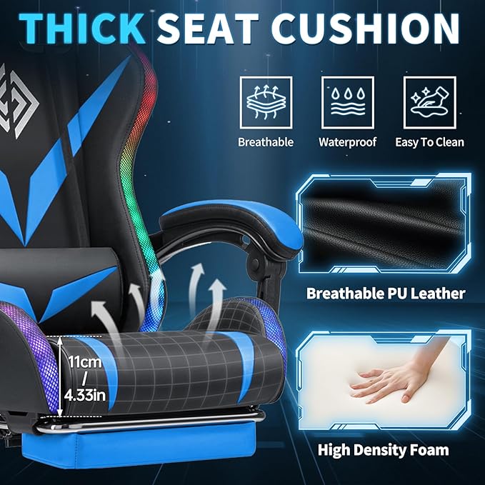 RGB Gaming Chair with Massage and LED Lights Ergonomic Video Game Chairs with Footrest High Back Reclining Computer Chair with Adjustable Lumbar Support Blue and Black