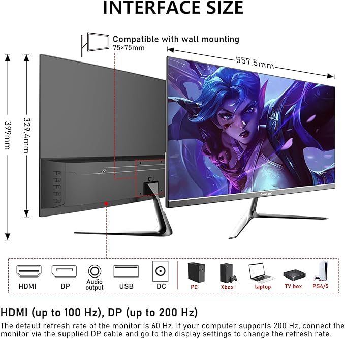 Gawfolk 24.5 Inch PC 300Hz Gaming Monitor FHD 1080p ScreenAdaptive Sync1ms Without Bezel 98% sRGB 178 ° Angle View HDMI、DisplayPort Compatible with wall mounting 75 * 75MM - Black