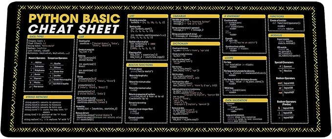 Python Basic Cheat Sheet Mouse Mat – Quick Guide for Beginners Large Mouse Mat for Coders Perfect for New Programmers Essential Computer Accessories for Study Work and Reference Purposes NVA
