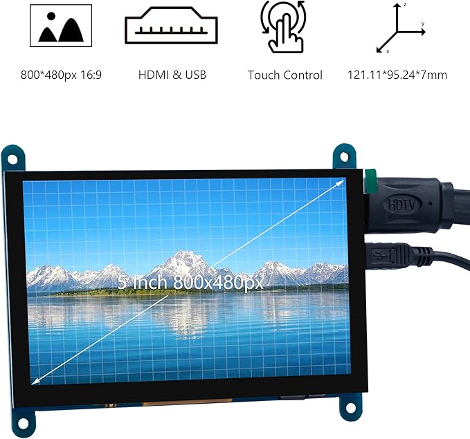 5 Inch IPS LCD Touch Screen Display Panel 800×480 Capacitive Screen HDMI Monitor for Raspberry Pi 5/4/3 BB Black Windows 10 8 7