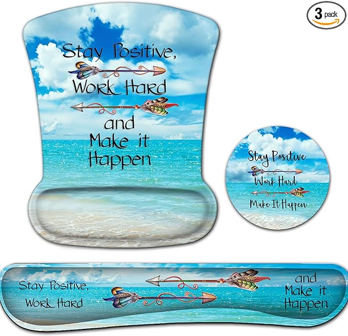 Mouse Pad Square Beach Style Anti-Slip Rubber Mousepad with Durable Stitched Edges for Gaming Office Laptop Computer Cute Custom Pattern Stay Positive Work Hard and Blue Sky Ocean