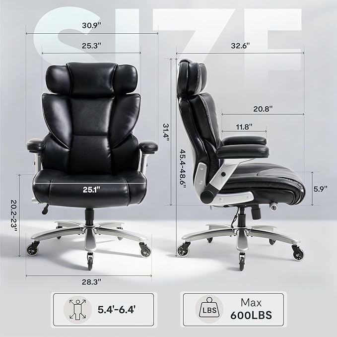 FLEXISPOT 600lbs Big and Tall Office Chair for Heavy People Heavy Duty Computer Desk Chair with Dynamic Lumbar Support 2D Armrest Blade Wheels Chairs for Home Office Gaming Working Leather Black