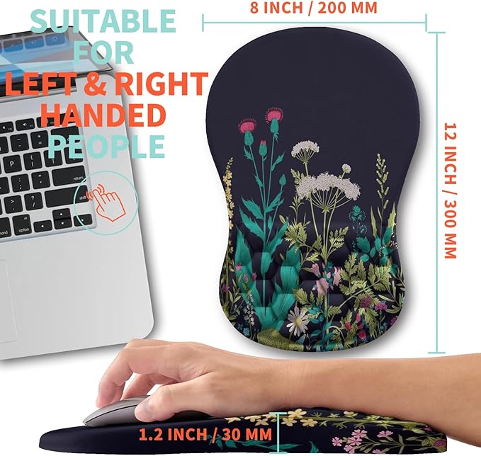Ergonomic Mouse Pad Wrist Support with Memory Foam Massage Bulge Carpal Tunnel Pain Relief Mousepad Wrist Rest for Mouse(12x8 inch Midnight Floral)