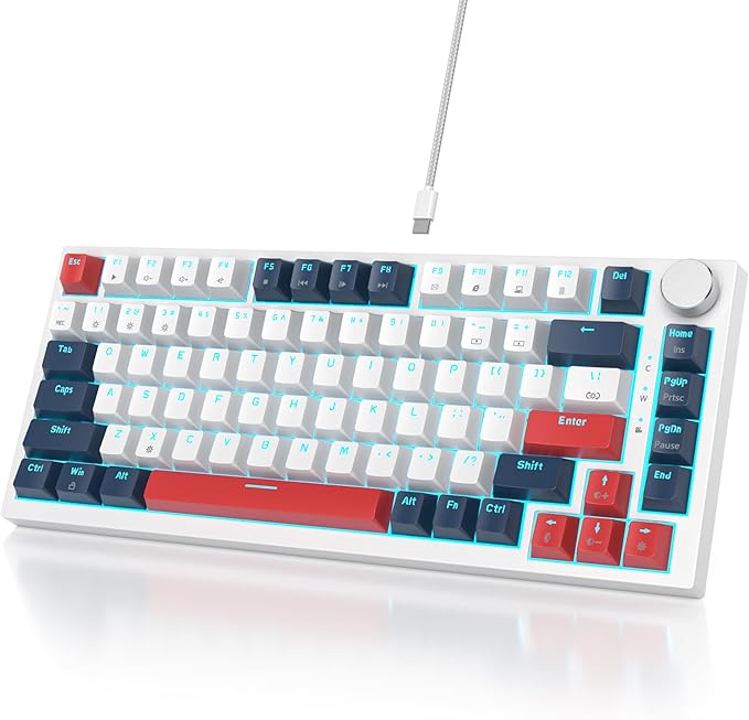 Owpkeenthy Wired 75% Mechanical Gaming Keyboard 82 Key Gasket Mechanical Keyboard with Volume Knob Hot Swappable Linear Red Switch RGB Backlit for PC Laptop (White Earth)