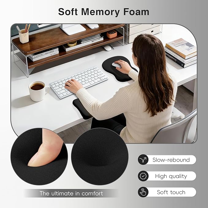 Ospelelf Mouse Pad with Wrist Rest Set Foam L-Shaped Desk Elbow Pad Ergonomic Desk Edge Cushion Anti-Slip Rubber Bottom Office Women Desk Accessories for Computer Laptop and Gaming Black