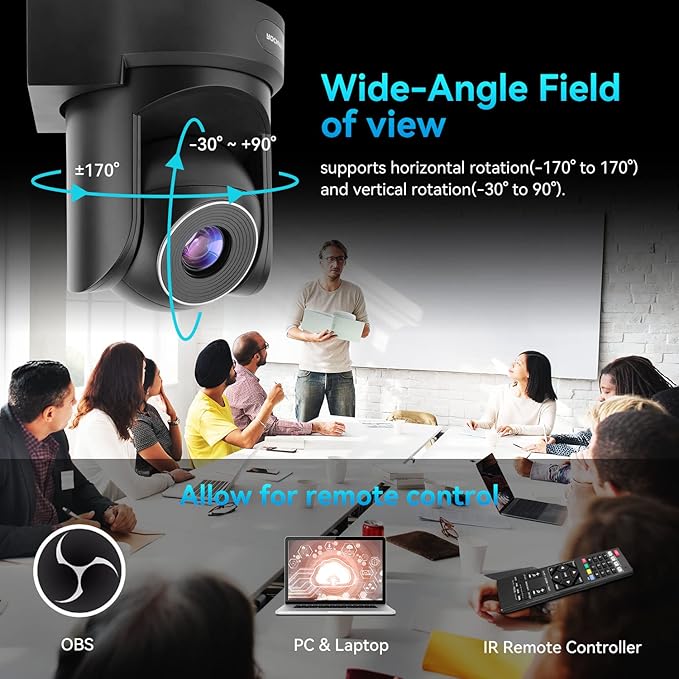 ROCWARE RC20 PTZ Camera [USB Output &amp AutoFocus] Video Conference Camera with 10X Optical Zoom 16X Digital Zoom [Low-Light &amp White Balance Correction] 2K 1080P Full-HD Live Streaming Webcam