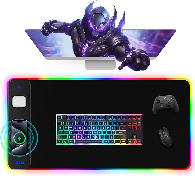 Magnetic Charging Mouse Pad 31.5x15.75 15W Fast Wireless Charging Desk Mat XXL Desk Pad RGB Gaming Mousepad Home Office Large Keyboard Pad with Ultra-Smooth Surface Non-Slip Base