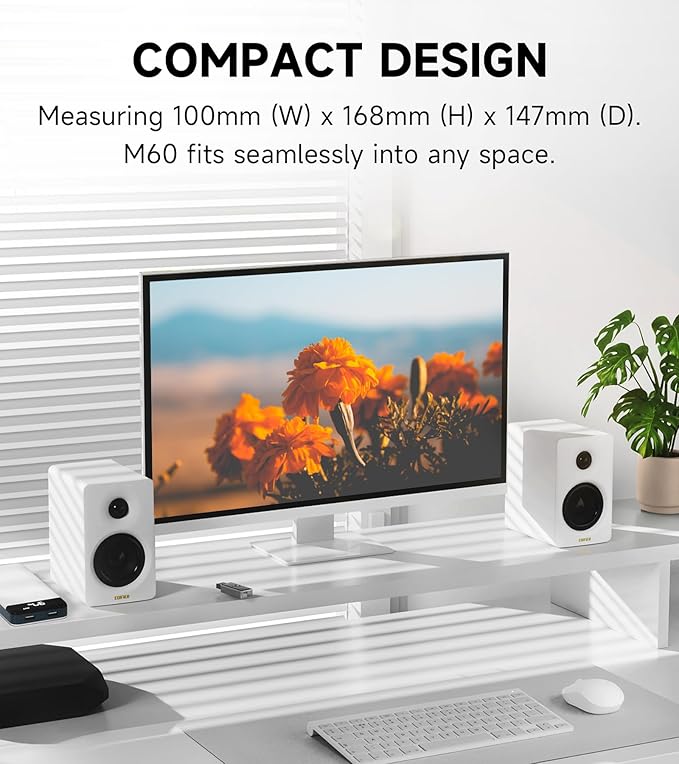 Edifier M60 Multimedia Speaker Bluetooth 5.3 66W RMS Hi-Res Audio &amp Hi-Res Wireless Audio LDAC3 Mid Bass &amp 1 Tweeter USB-C &amp Aux Inputs Compact Desktop Speaker - White (Renewed)