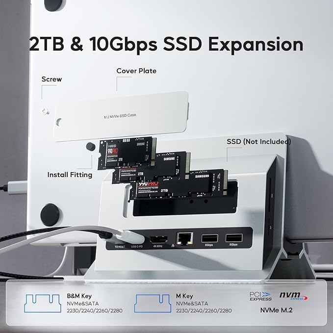 Vertical MacBook Docking Station PULWTOP Docking Station for Mac mini with M.2 NVMe case for MacBook Pro/Air 4K@60Hz HDMI 2USB C 10Gbps SD/TF 100W PD RJ45 2 USB A for Windows Sliver
