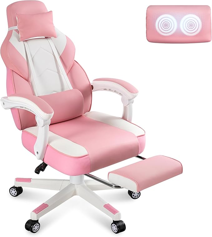Gaming Chair for Adults Gaming Chairs with Footrest Ergonomic Video Game Chair with Massage Lumbar Big and Tall Computer Chair Height Adjustable with Headrest and 360° Swivel Seat Pink