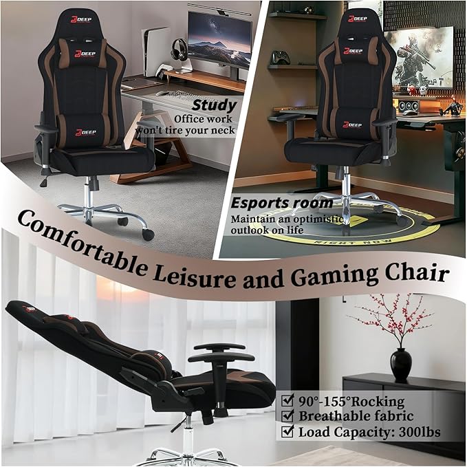 Gaming Chair High-Back Ergonomic Computer Chair Adult Lumbar Support Breathable Fabric Office Chair 3D Independent Armrests(1005-Brown)