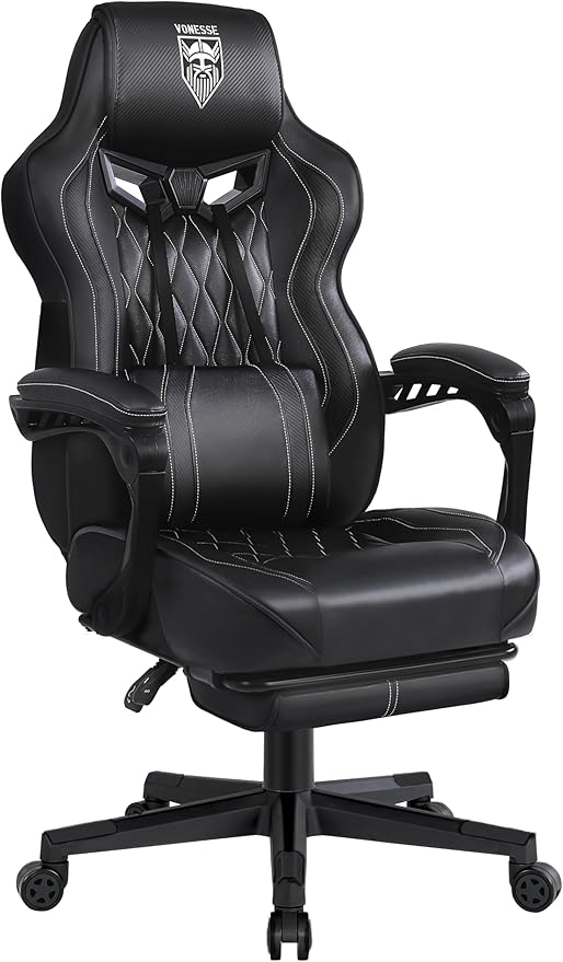 Vonesse Gaming Chair Computer Office Chair with Footrest Reclining Gaming Chairs for Adults Big and Tall Ergonomic Gaming Chair with Lumbar Support and Massage (Black)