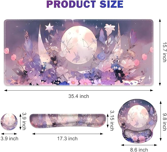 Large Desk Mat Gaming Mouse Pad Desk Pad Protector XXL Mousepad + Keyboard Wrist Rest+Mouse Wrist Rest+Coaster Set with Ergonomic Desk Pad for Home Office PC Computer Pastel Purple Flower Moon