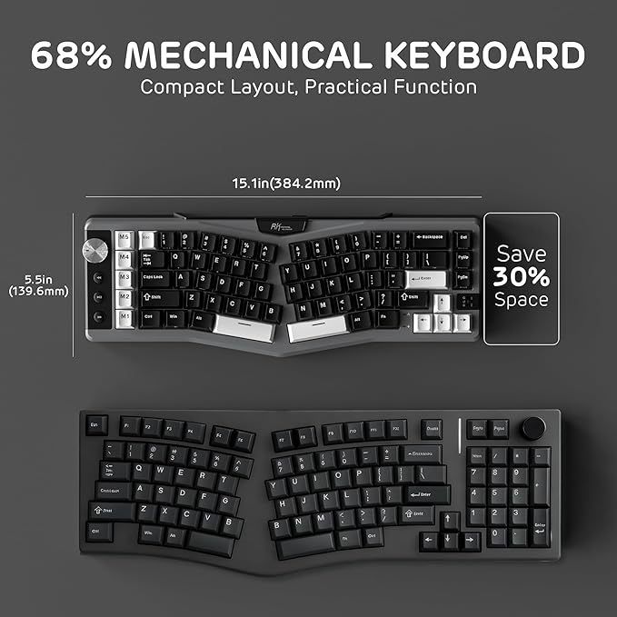 RK ROYAL KLUDGE A72 Alice Ergonomic Wireless Mechanical Keyboard w/Knob/Macro Keys/Touchable Nameplate Tri-Mode 68% 72-Key Gasket Keyboard BT/2.4G/USB-C Hot Swap Win/Mac Software 7500mAh Battery