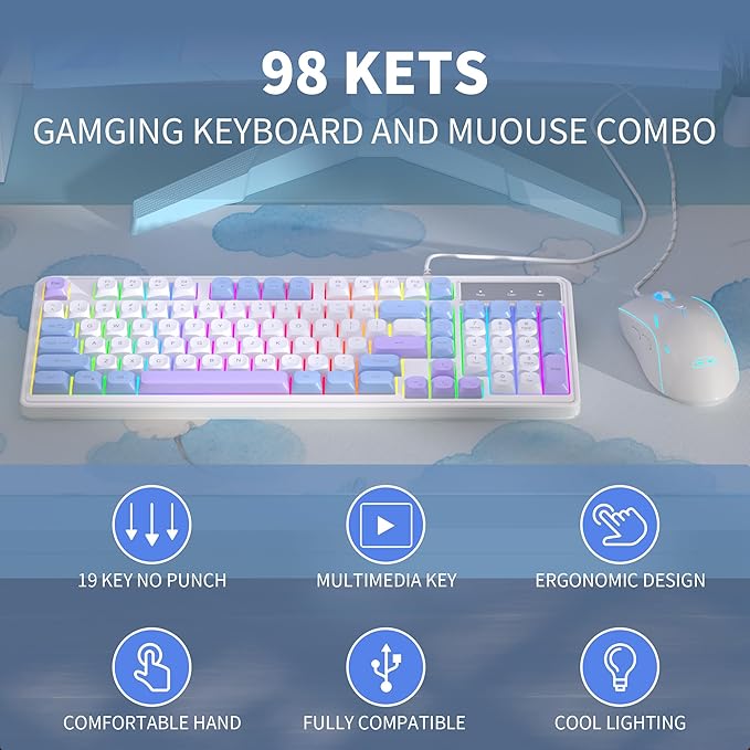 Wire Gaming KeyboardCreamy Keyboard and Mouse Combo 7 Colorful Rainbow Backlight Classic Gaming Keyboard (White &amp Blue &amp Purple)