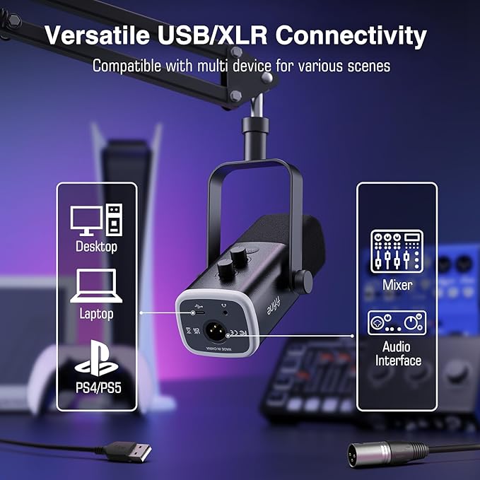 FIFINE Dynamic Gaming Mic and Microphone Arm Stand Kit PC Computer Streaming Mic with RGB Light Mute Button Suspension Scissor Boom Stand Bundle for Recording Podcast Voice-Over (AM8+CS1)