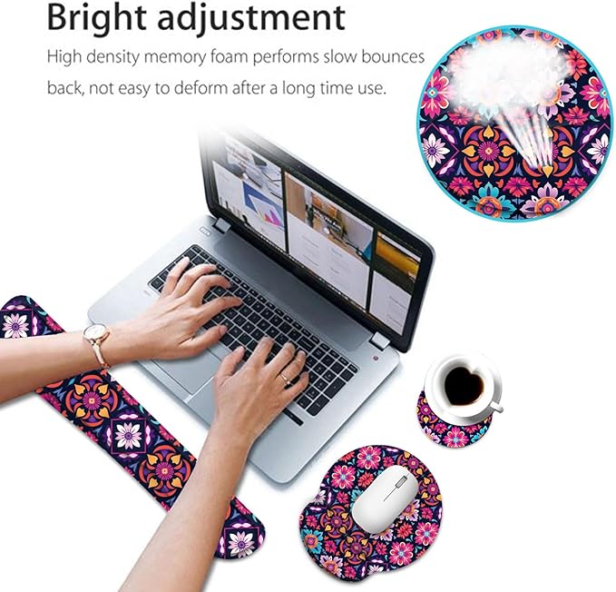 Keyboard Wrist Rest and Mouse Pad Wrist Support Set with CoasterErgonomic Mouse PadComfortable for Easy Typing Pain ReliefMemory Foam Keyboard Pad Set for Laptop MacColorful Mandala