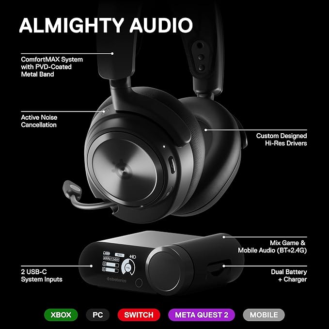 SteelSeries Arctis Nova Pro Wireless Xbox Multi-System Gaming Headset - Premium Hi-Fi Drivers - Active Noise Cancellation Infinity Power System - Stealth Mic - Xbox PC PS5 PS4 Switch Mobile