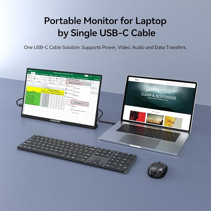 AUSDOM 15.6 Portable Laptop Monitor: FHD 1080P 15.6 inch Portable Second Screen External Travel Monitor HDMI USB-C Powered Extra Mobile Computer Secondary Display Additional for Laptop MacBook