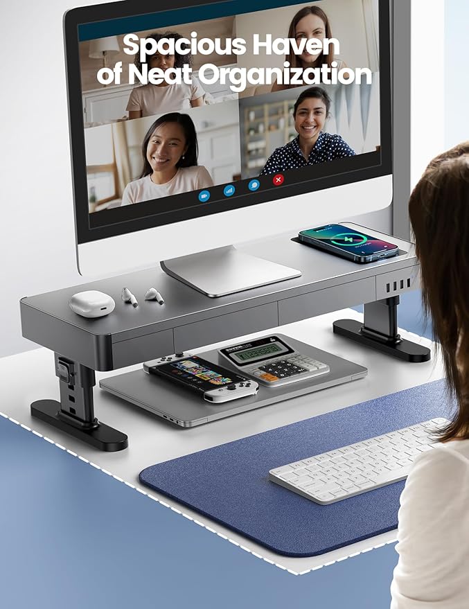 meatanty Monitor Stand Heights Adjustable Computer Riser with Auto Phone Charger 4 USB Ports Hub and Drawer Storage Metal Desktop Organizer Lifter Shelf for PC Screen Studio Display Office Gaming