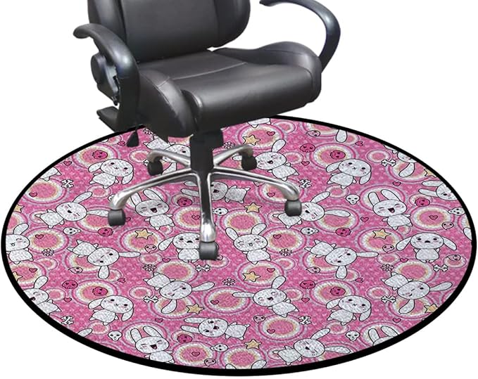 White Pink Office Chair Mat Rabbits Funky Animals Bunnies Kids Humor Print Non Slip Round Floor Mat for Hardwood Floor and Protector for Rolling Chair Anime Diameter 48 in