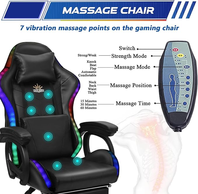 Massage Gaming Chair with Speakers Video Game Chair with RGB LED Lights Ergonomic Racing Office Chair PU Leather Recliner Computer Chair Swivel Chair with Headrest Armrest Lumbar SupportPink